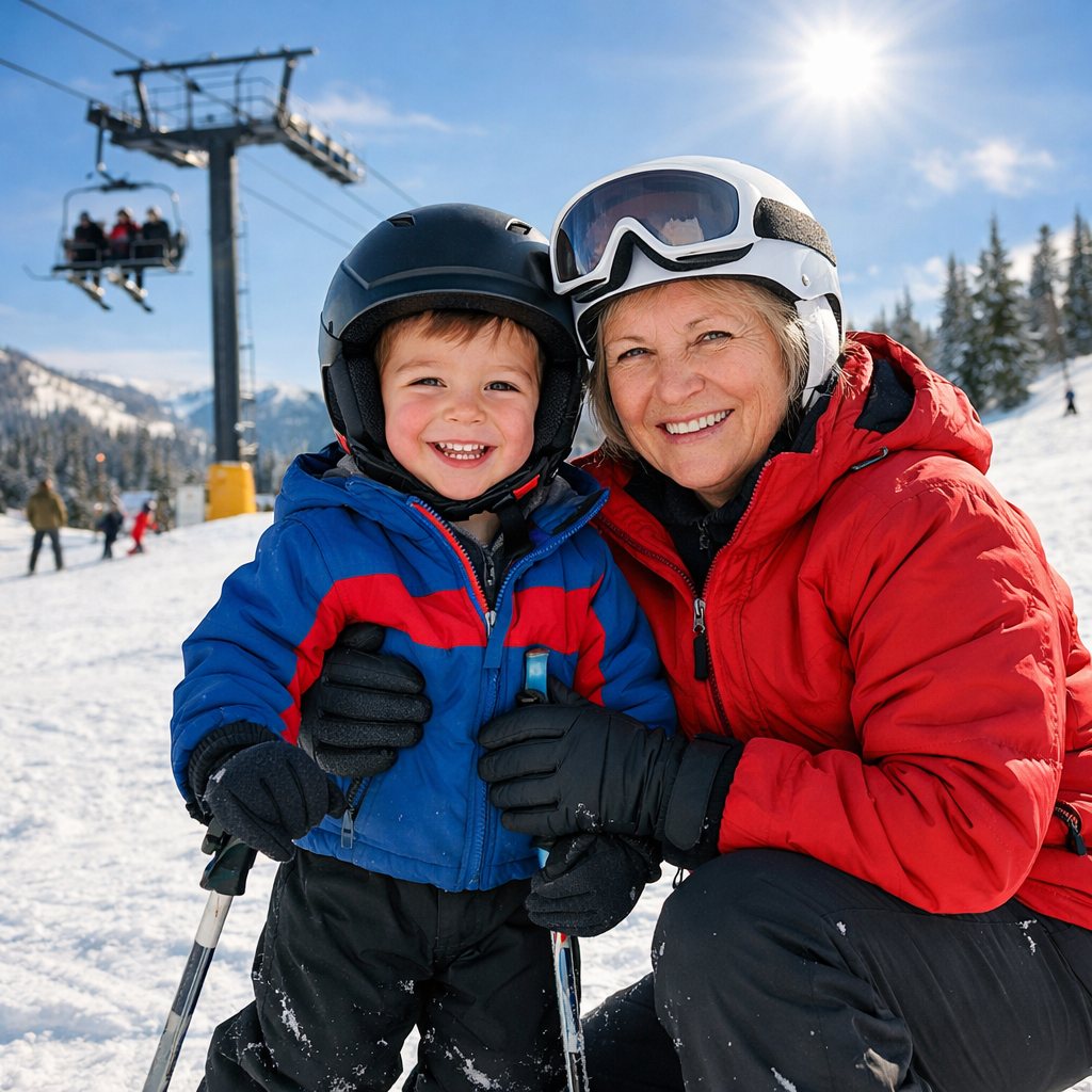 Young boy smiling on skis next to grandma on a sunny ski slope