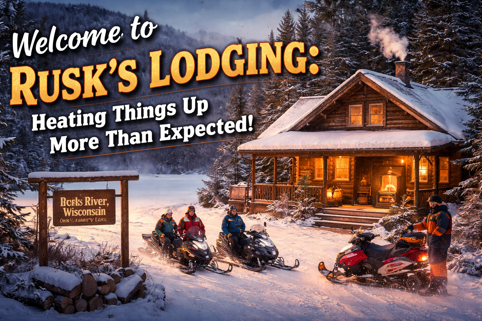 Snowmobiles parked outside Rusk’s Lodging on a snowy morning