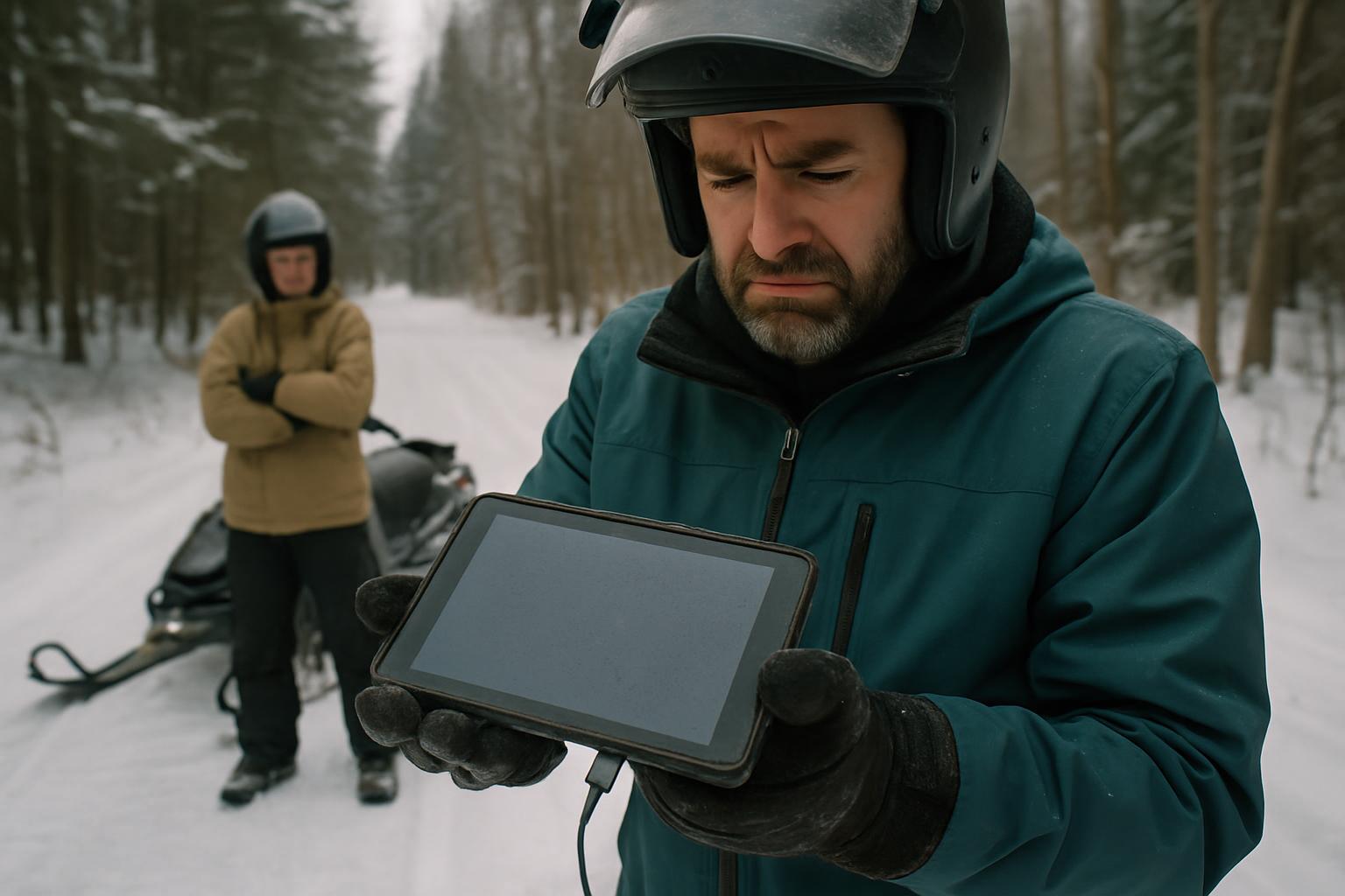 Snowmobile trail in northern Wisconsin with tablets mounted on handlebars